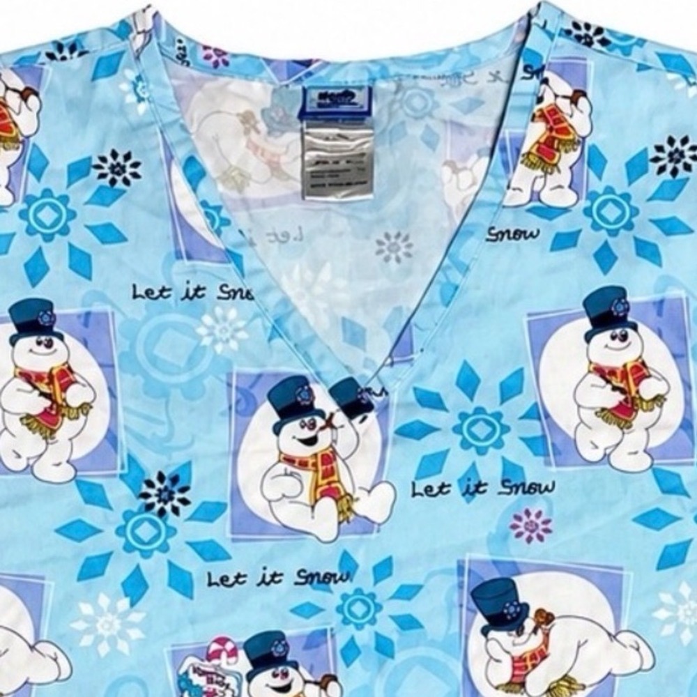 Frosty the Snowman Winter Holiday V Neck Scrub Top L Blue Christmas Nurse Cotton